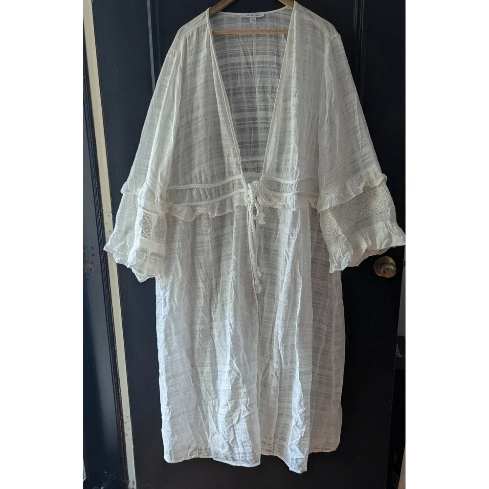 White Gauze Kimono Duster Ruffle Lace‎ Rope Tie Sz 3X Longline Fairy Resortwear